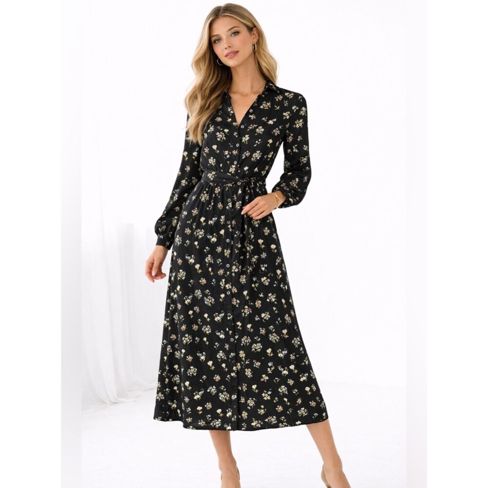 FRNCH Paris Floral Midi Dress Black Long Sleeve Button Down Belted Cottagecore S